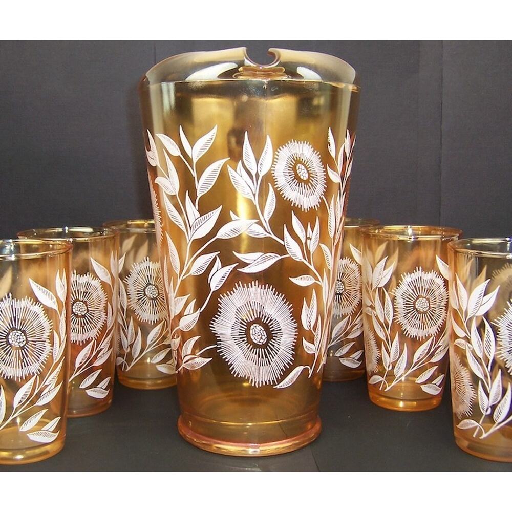 Vintage Jeannette Marigold Carnival Glass Cosmos Pitcher 6 Tumbler Set 1950s - Picture 5 of 15